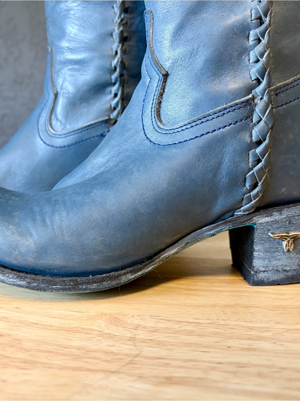 Women's Blue Leather Heeled Western Boots with Braided Side Detail